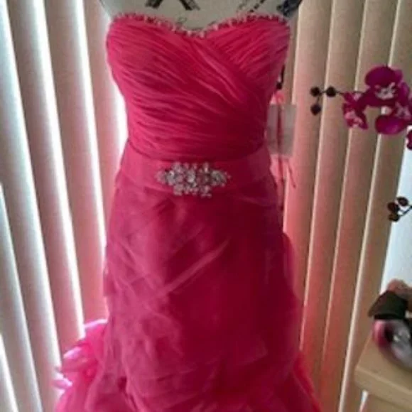 *Markdown* Stunning Hot Pink Organza Strapless Formal Evening Gown Size 8 - Picture 3 of 8